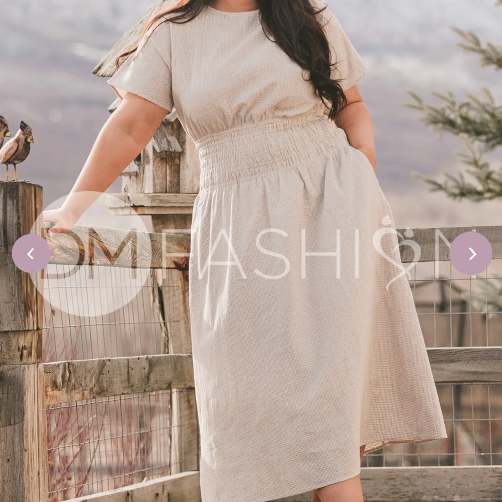 DM Fashion Cotton Brown Gingham Dress Waist Smocking Lined Cottagecore Plus